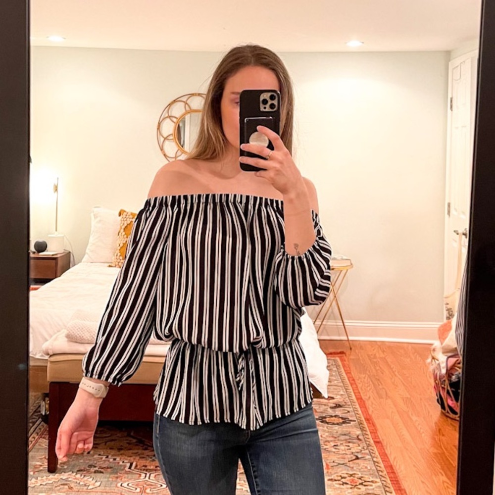Cinch tie-waist off shoulder striped blouse